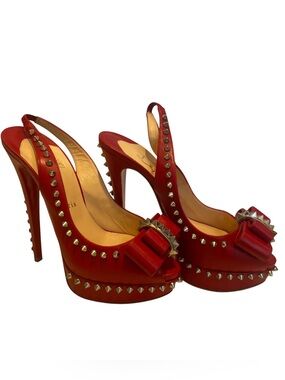 Christian Louboutin Red Studded Slingback Platform Heels with Bow
